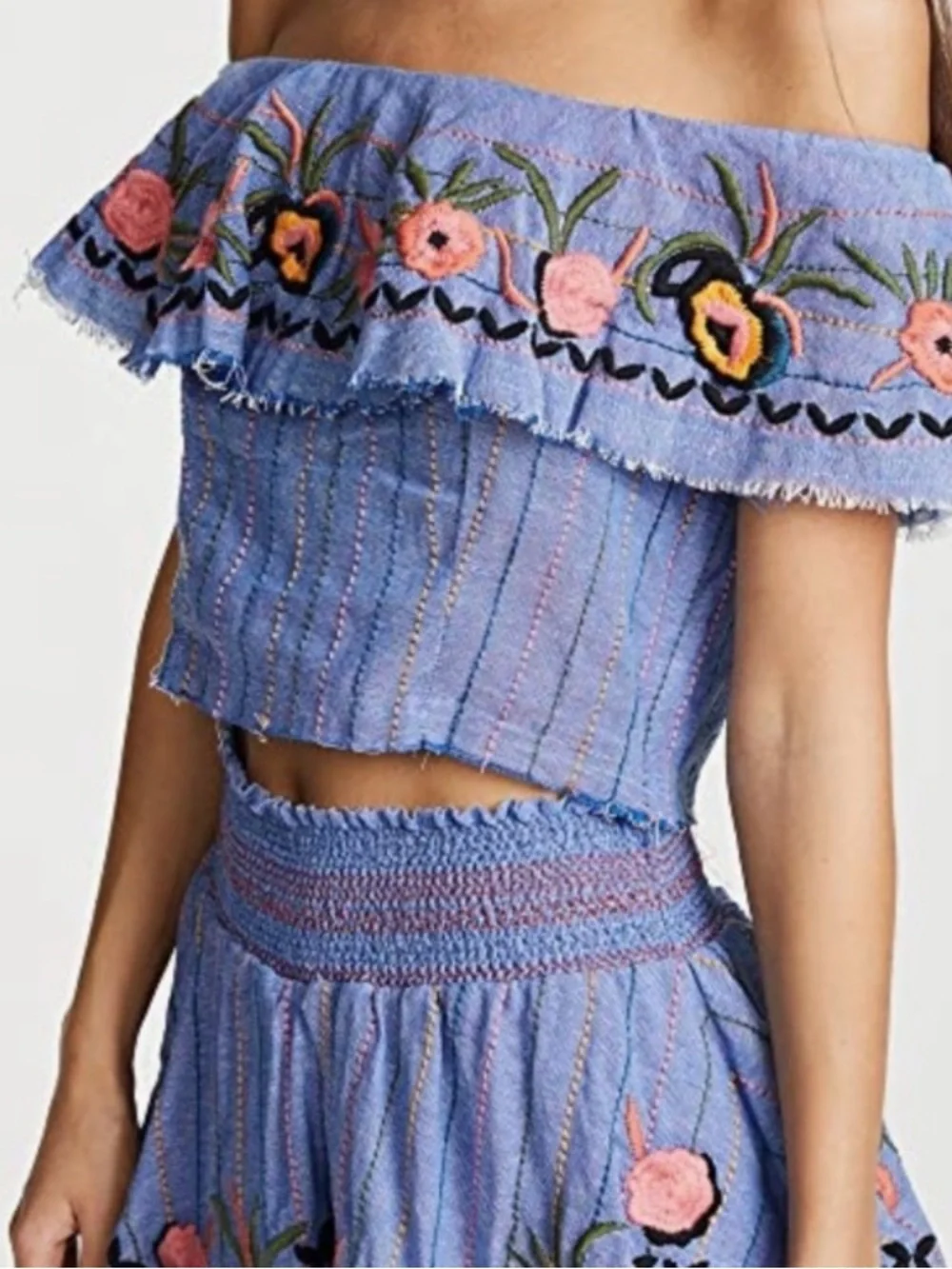 Blue Off-Shoulder Embroidered Two-Piece Set